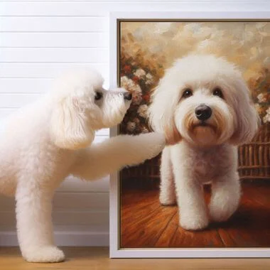 a poodle mix admires her canvas painting portrait
